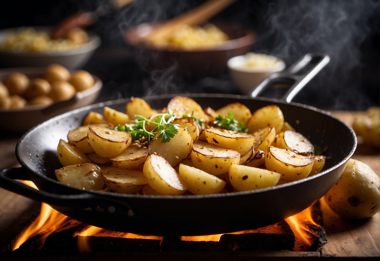 A wok sizzles as potatoes are sliced and fried with garlic and spices, creating a fragrant aroma. The crispy golden potatoes are then tossed in a savory sauce, ready to be served