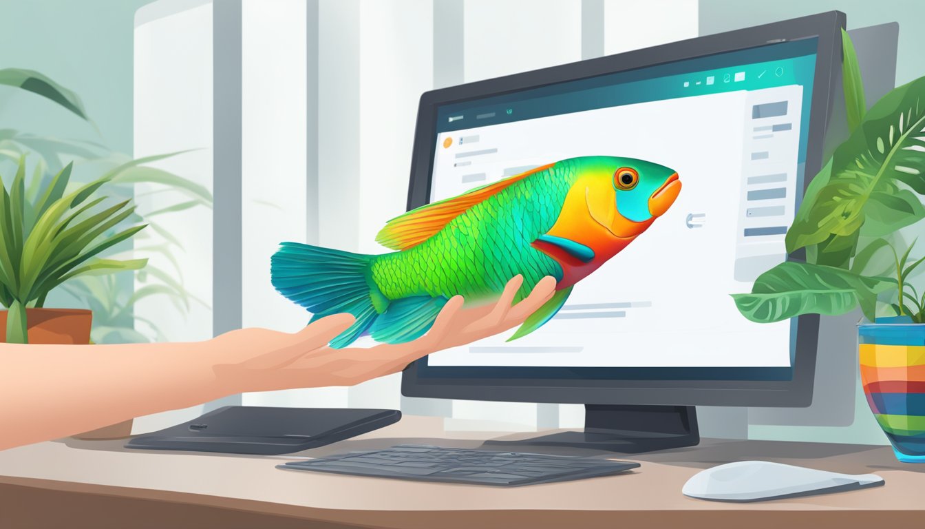 A hand reaches for a vibrant parrot fish displayed on a computer screen, with various options for online purchase