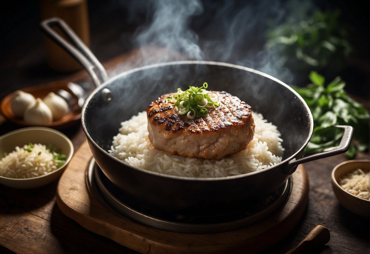 A sizzling pork patty frying in a wok, surrounded by aromatic garlic, ginger, and soy sauce. A steaming pot of jasmine rice sits nearby, ready to be served alongside the savory dish