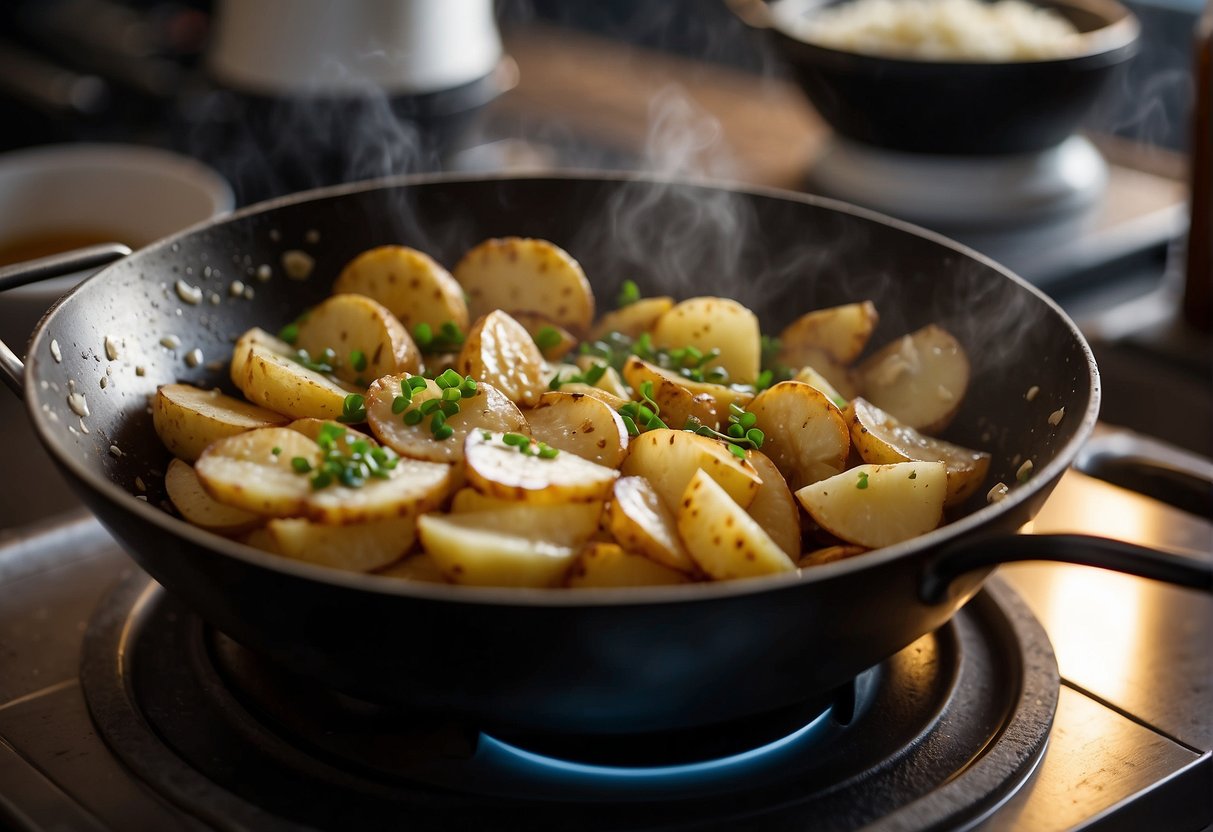 A wok sizzles with sliced potatoes, garlic, and ginger, while soy sauce and vinegar stand nearby. Cornstarch and water mix in a bowl for thickening. Oil bubbles in a pan for frying