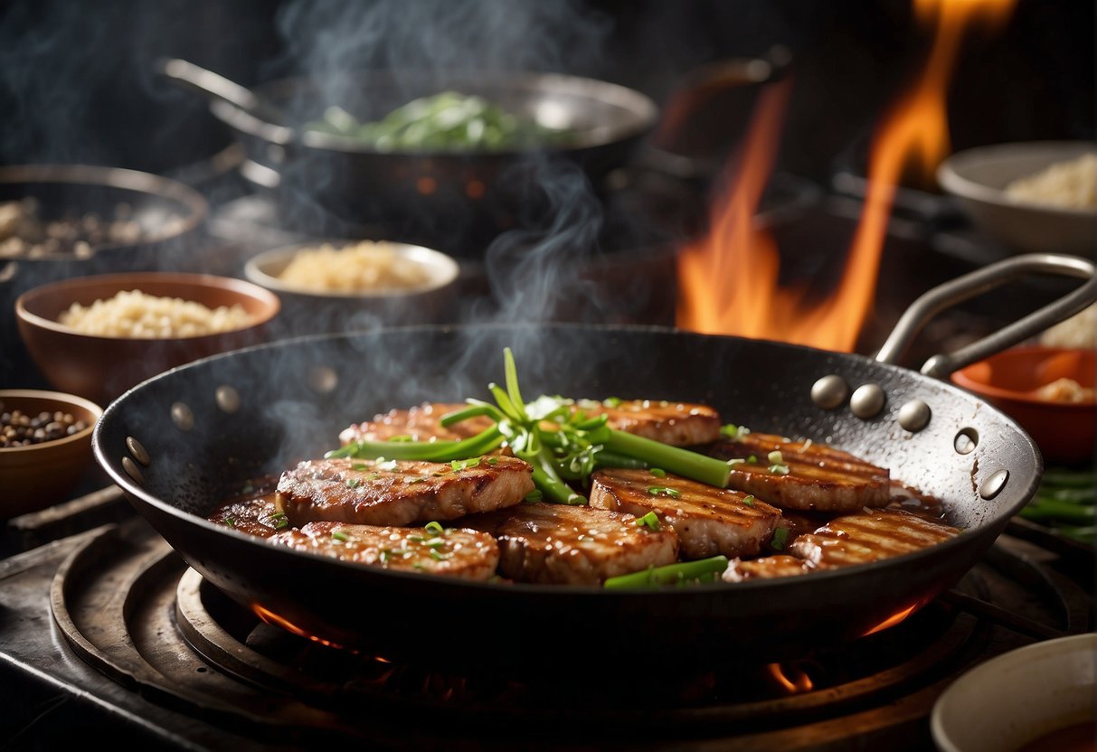 A sizzling pork patty frying in a wok, surrounded by traditional Chinese seasonings and ingredients, symbolizing the cultural significance of the recipe