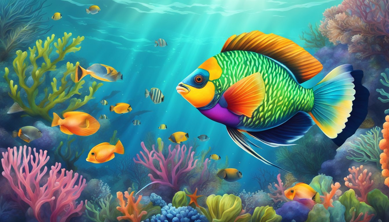 A colorful parrot fish swims among vibrant coral reefs, surrounded by a variety of exotic underwater plants and sea creatures