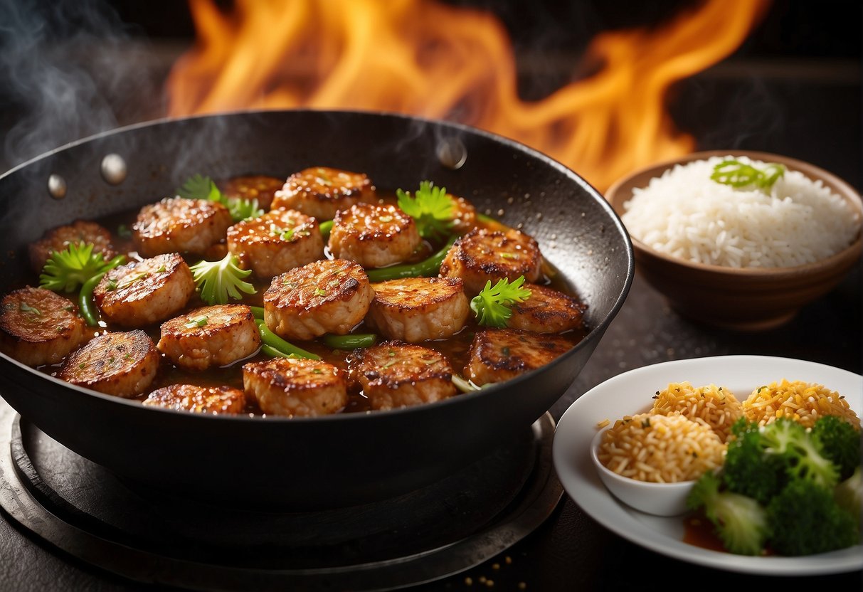 A sizzling hot wok with golden brown pork patties, surrounded by aromatic spices and fresh ingredients