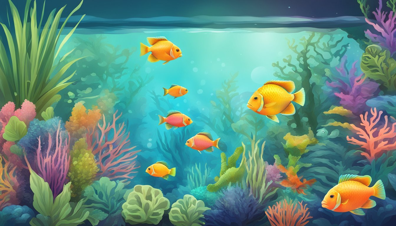 A vibrant aquarium with colorful parrot fish swimming among coral and plants, with a sign reading "Frequently Asked Questions: buy parrot fish online."