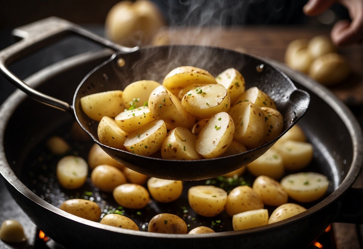 Potatoes being sliced, seasoned, and fried in a wok with oil and spices. Steam rising as they turn golden brown