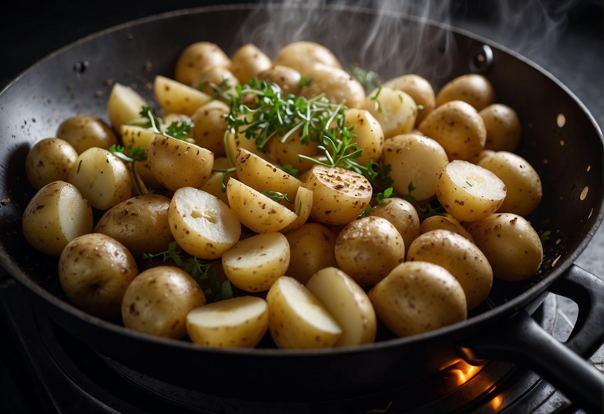 Potatoes being sliced, seasoned, and fried in a wok. Steam rising, and the aroma of garlic and spices filling the air