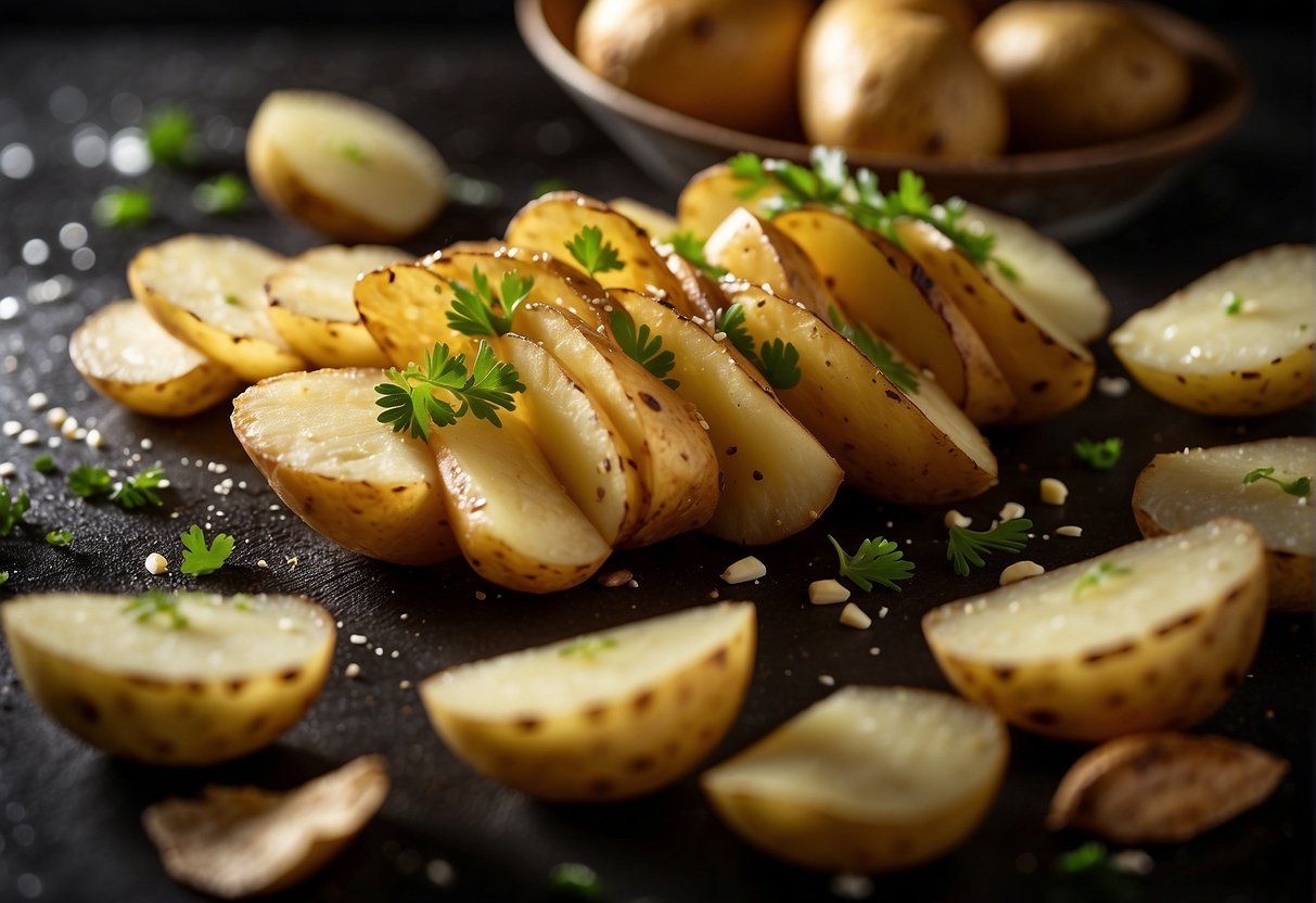 Potatoes being sliced and tossed in a mix of soy sauce, garlic, and ginger, before being fried to a golden crisp