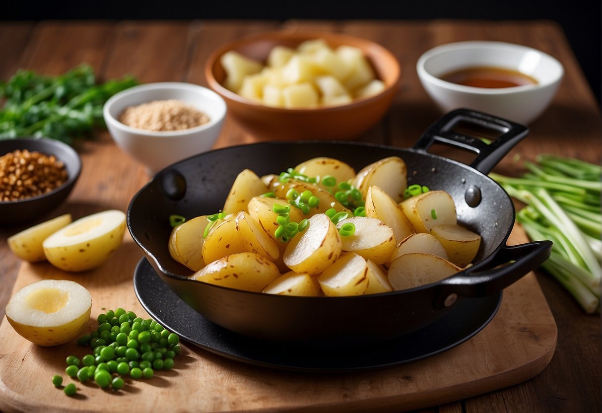 Sliced potatoes frying in a wok with soy sauce, garlic, and ginger. On a plate with a side of green onions and sesame seeds