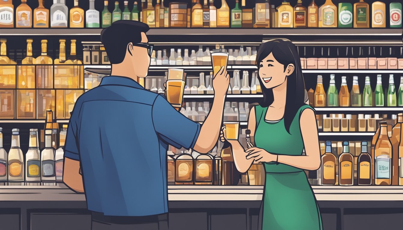 A store clerk selling alcohol to a customer at a licensed establishment in Singapore during legal operating hours