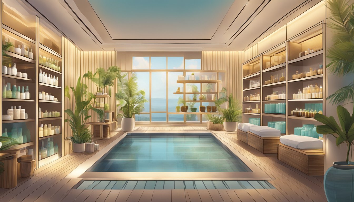 A serene spa with shelves of Nuxe products, soft lighting, and natural decor