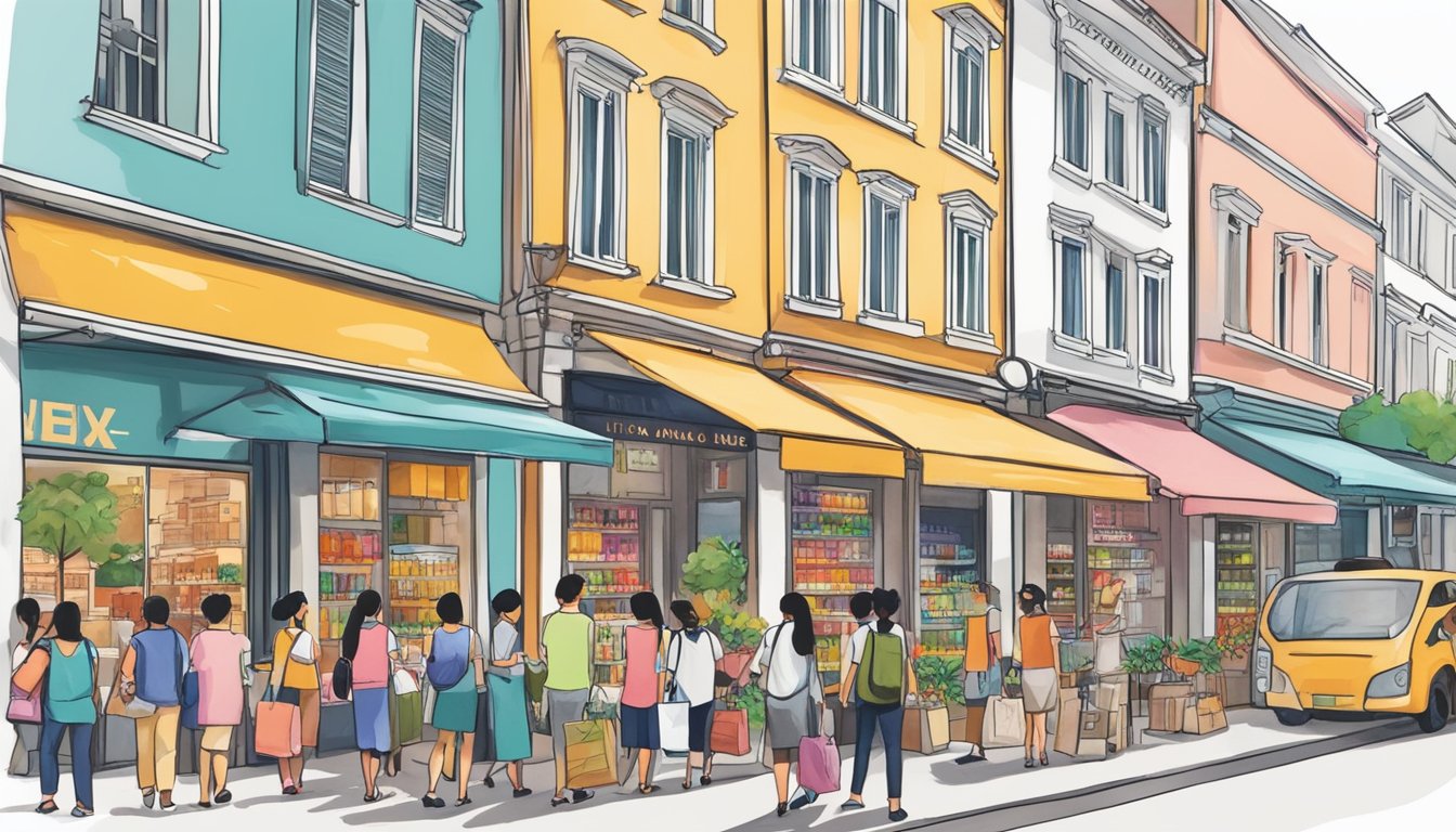 A bustling Singapore street with colorful storefronts, showcasing Nuxe products. Shoppers inquire about the products at various vendors
