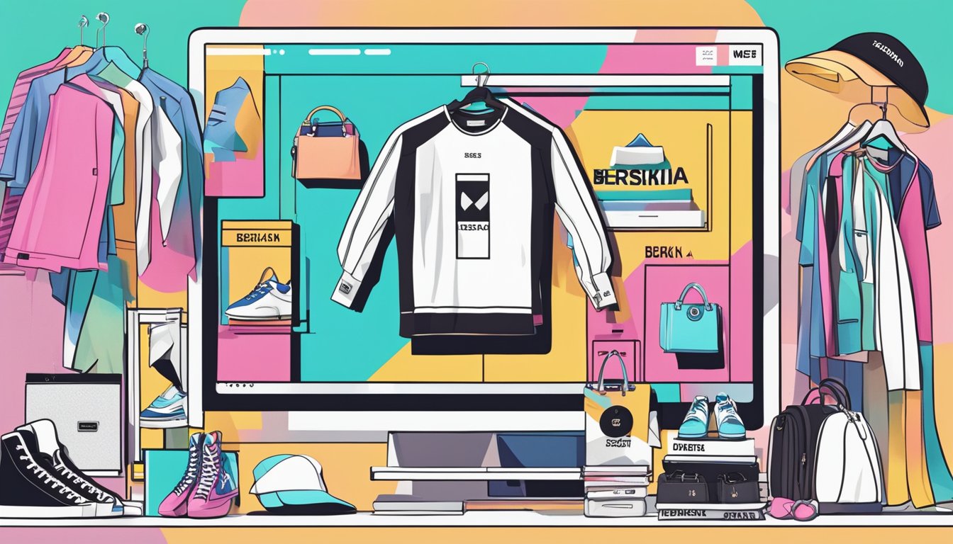 A computer screen displaying Bershka's website with various clothing items and accessories. The homepage features a sleek, modern design with vibrant colors and stylish models showcasing the latest collection