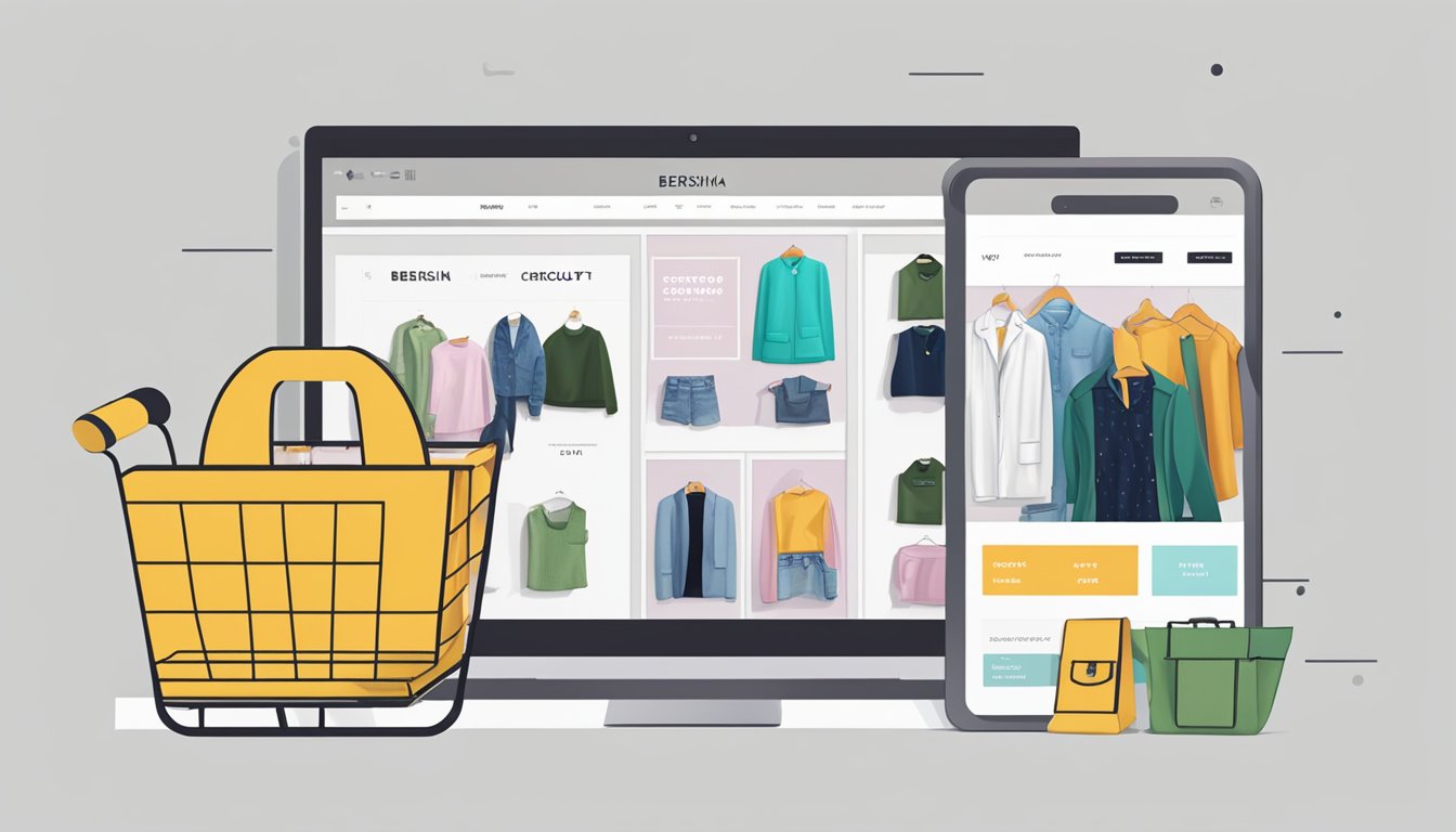 A computer screen displaying the Bershka website with a variety of clothing items, a shopping cart icon, and a "checkout" button