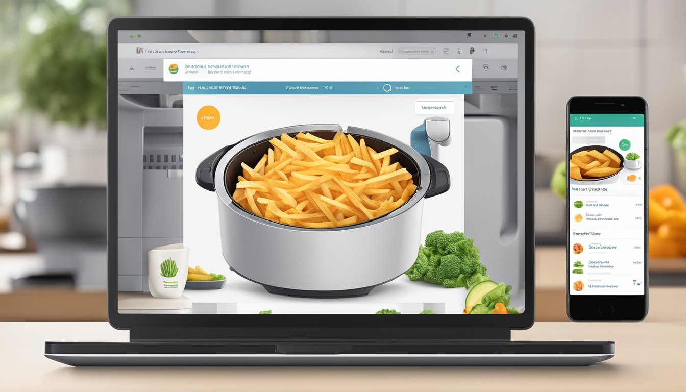 A computer screen displaying a website with the option to "buy Philips air fryer online" with a cart icon and product image