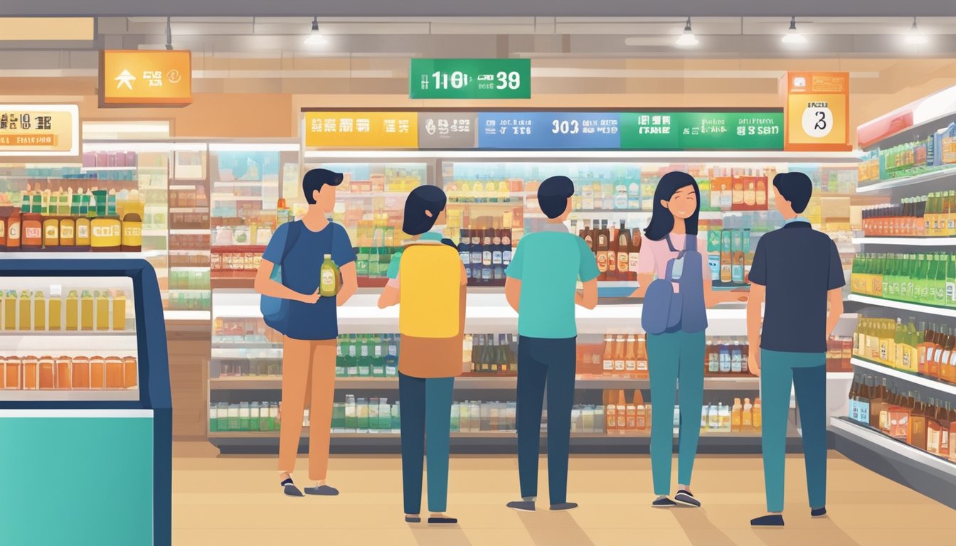 Customers at a Singapore convenience store, pointing to a sign asking about alcohol purchase hours