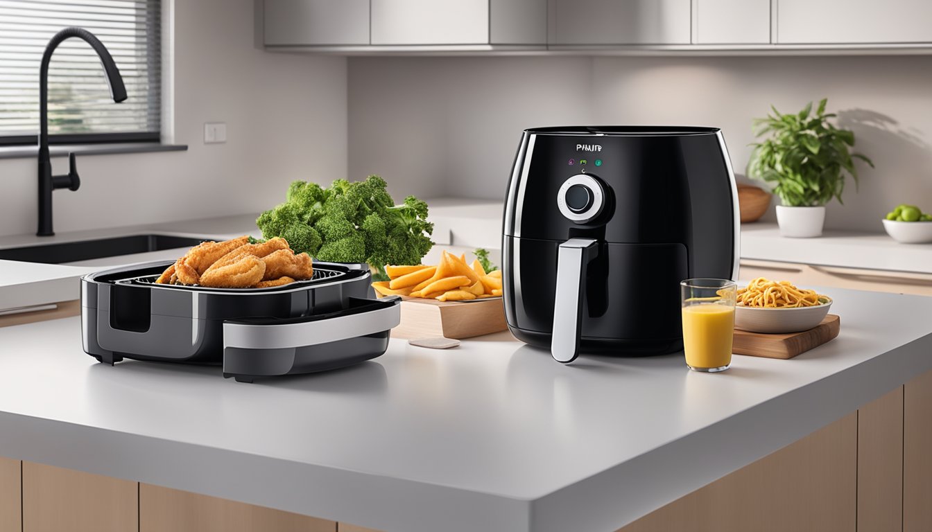 A hand reaches for a Philips Air Fryer box on a sleek, modern kitchen counter, with a laptop displaying "buy Philips air fryer online" in the background