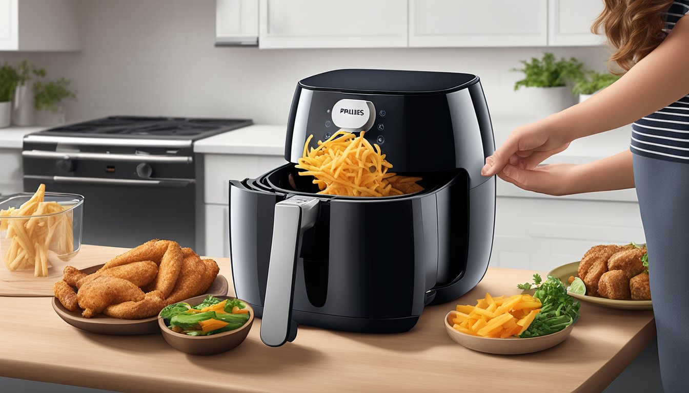 A hand clicks "Add to Cart" on a Philips air fryer webpage