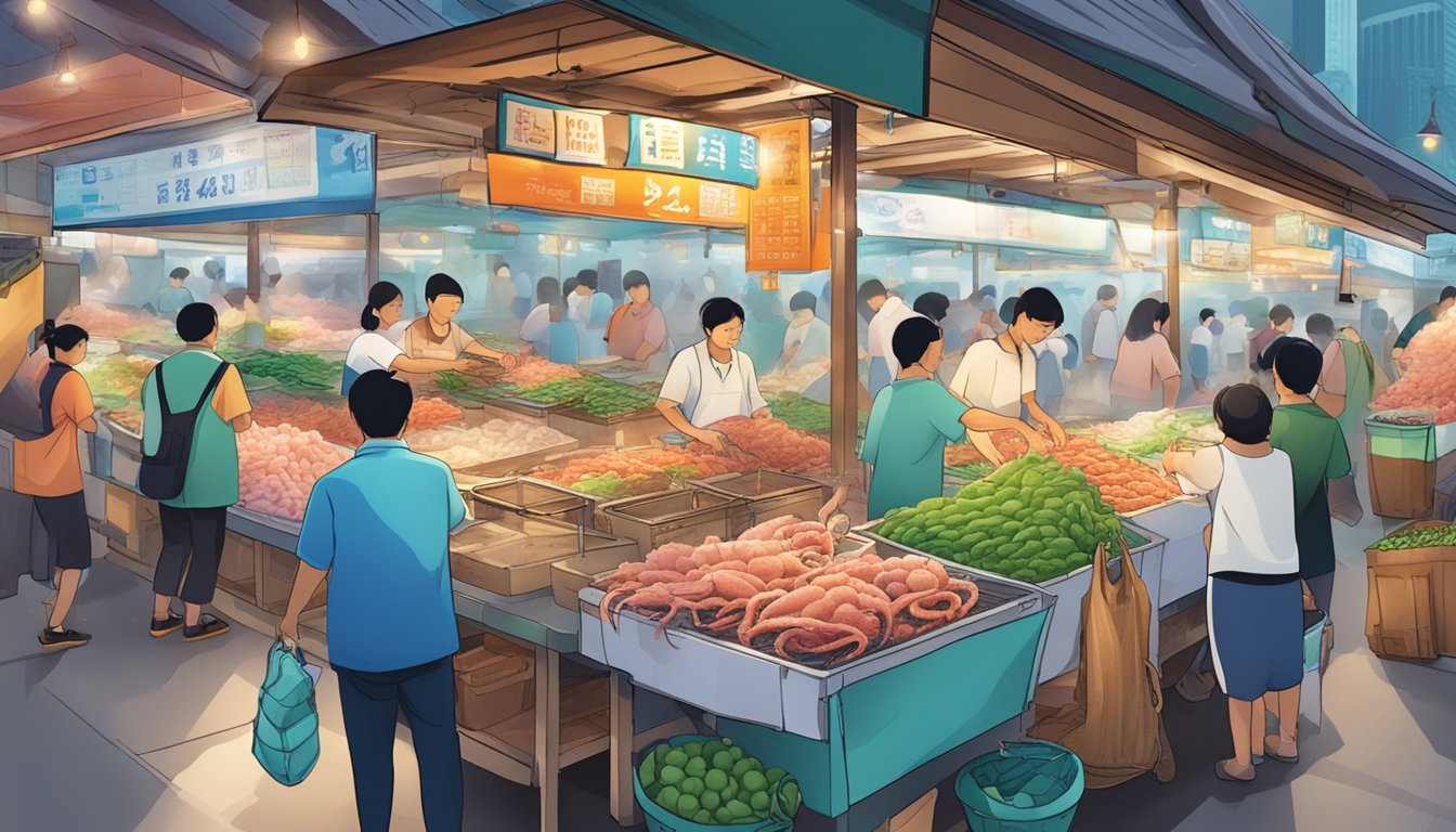 A bustling seafood market in Singapore, with colorful displays of fresh octopus on ice, and vendors eagerly tending to customers