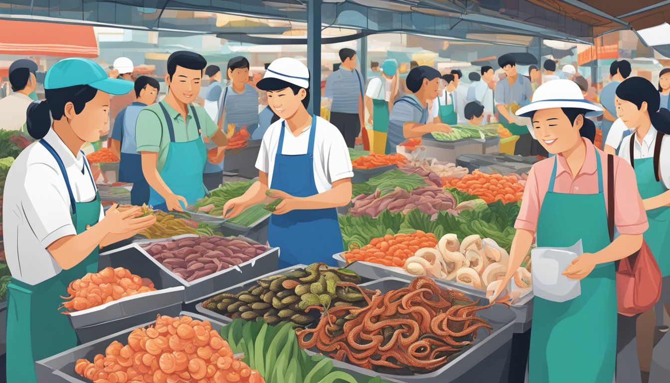 A bustling seafood market in Singapore, with colorful displays of fresh octopus and vendors fielding questions from curious customers