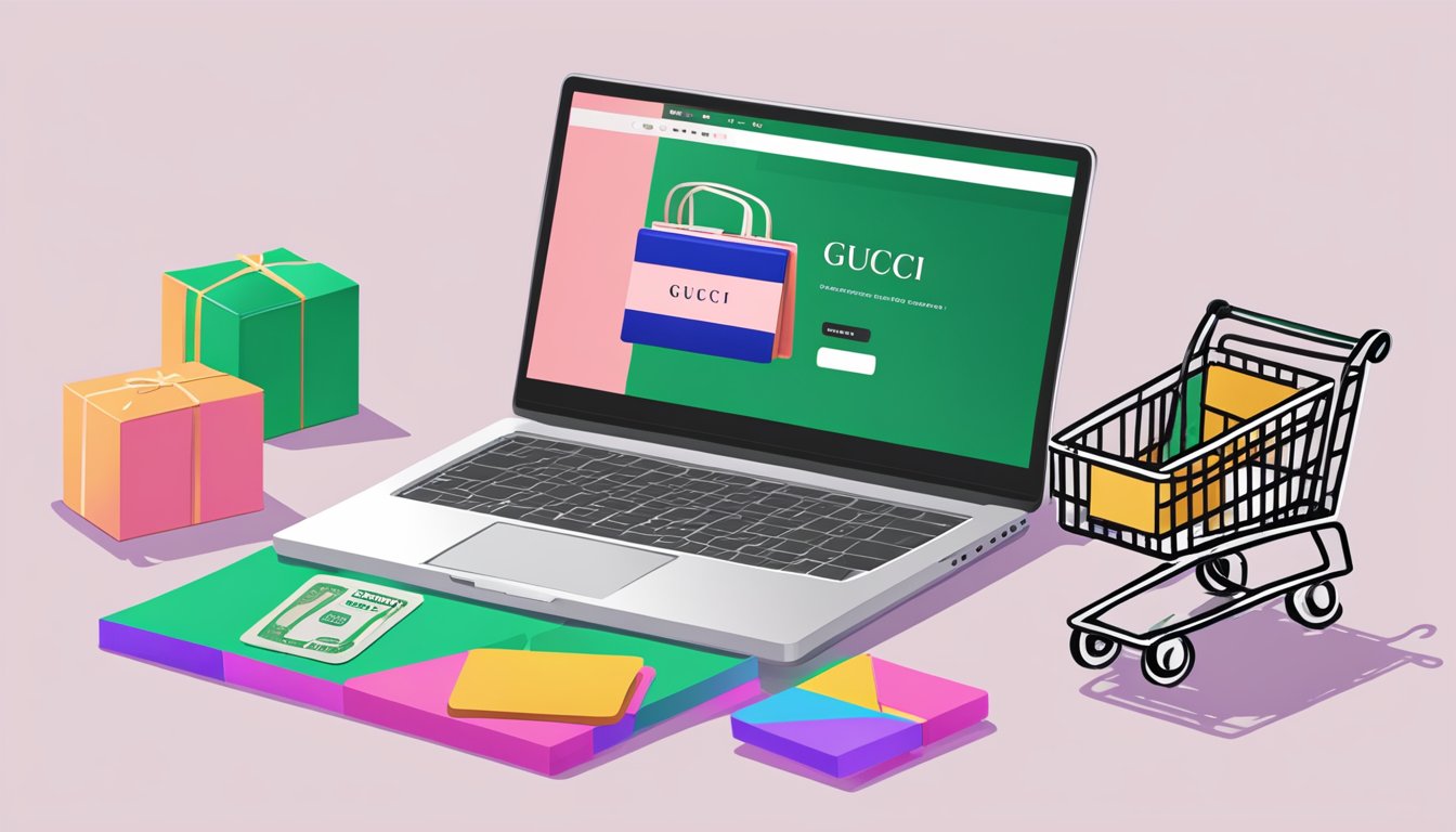 A laptop displaying the Gucci website with a shopping cart icon. A credit card and a Gucci product box nearby