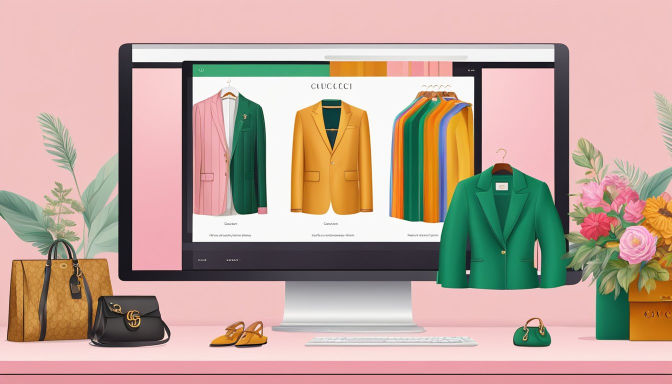 A computer screen displays Gucci's online boutique with a variety of luxury items. The website features a sleek and modern design, with easy navigation for purchasing Gucci products