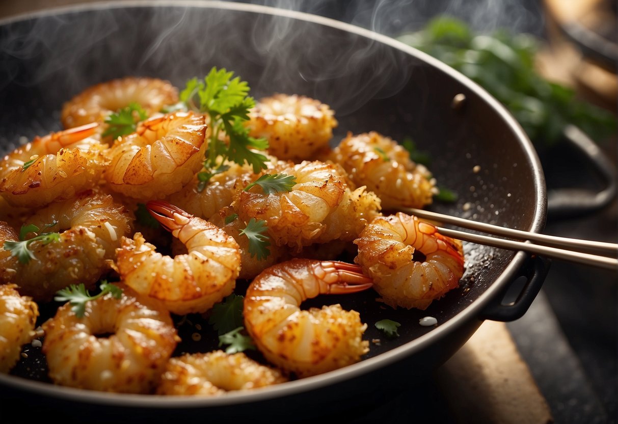 Golden prawn fritters sizzle in a wok of bubbling oil. Aromatic spices and herbs waft through the air as the crispy fritters are carefully flipped