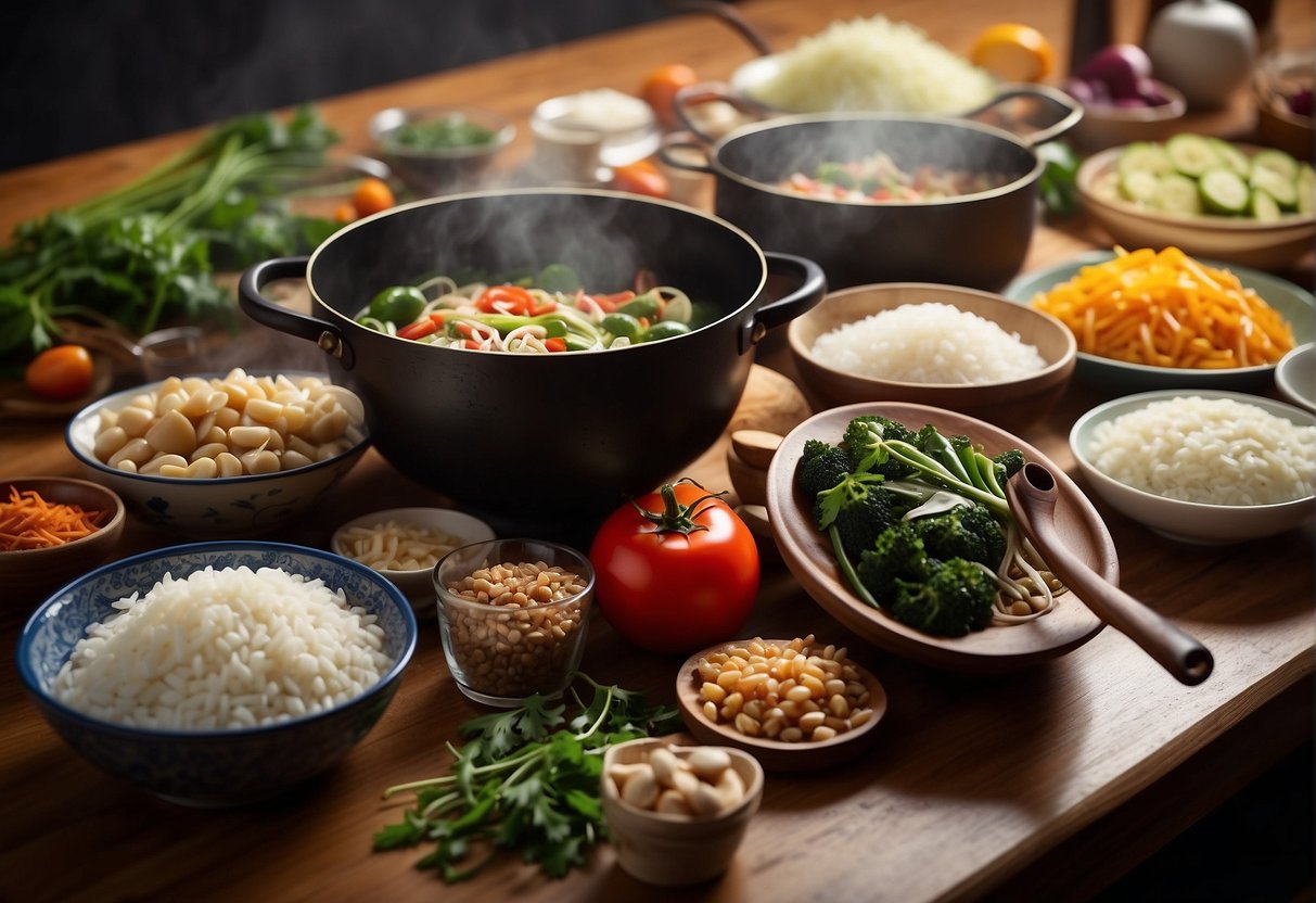 A table set with various ingredients, woks, and cooking utensils for making no-cook Chinese recipes