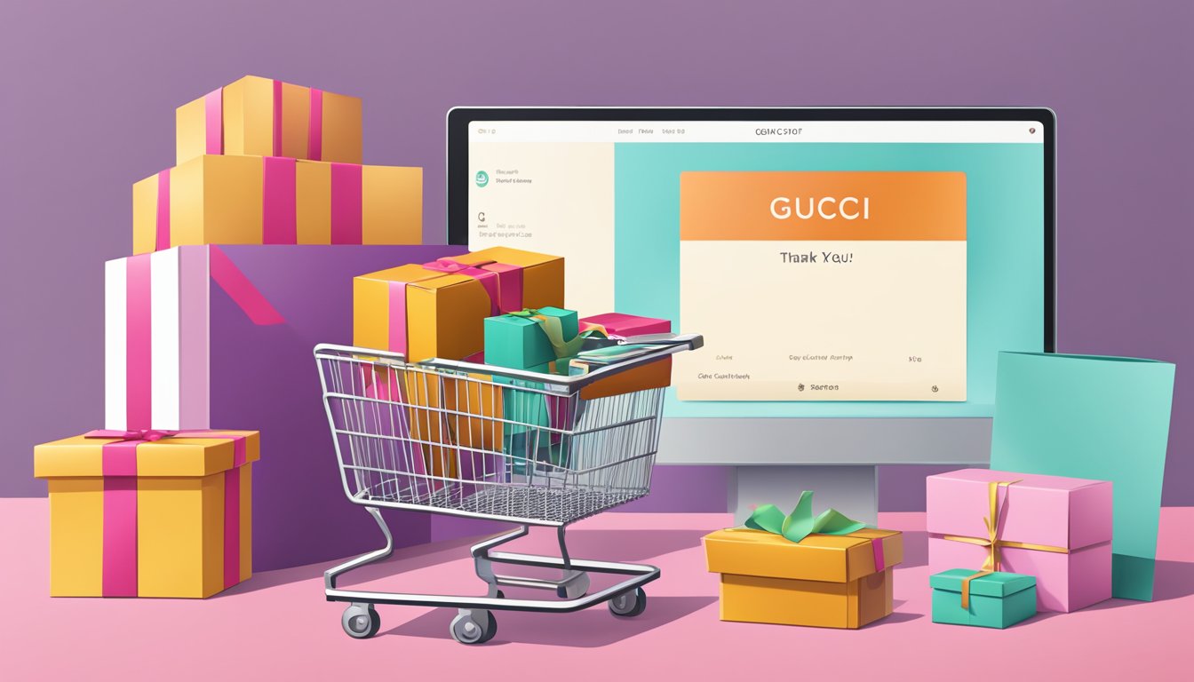 A computer screen displaying the Gucci website with a shopping cart icon and a checkout button. A package being delivered to a doorstep with a Gucci box and a thank you card