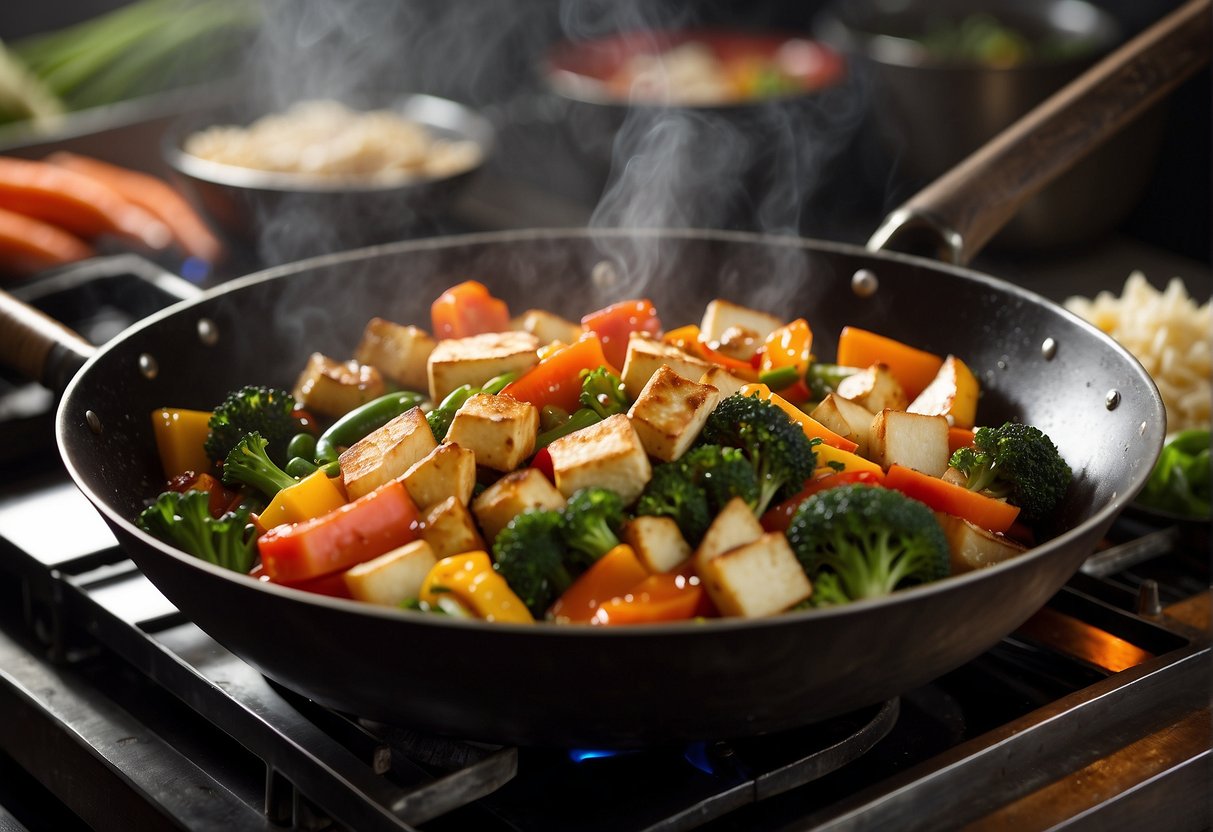A wok sizzles with colorful vegetables and tofu, as steam rises from a no onion, no garlic Chinese stir-fry