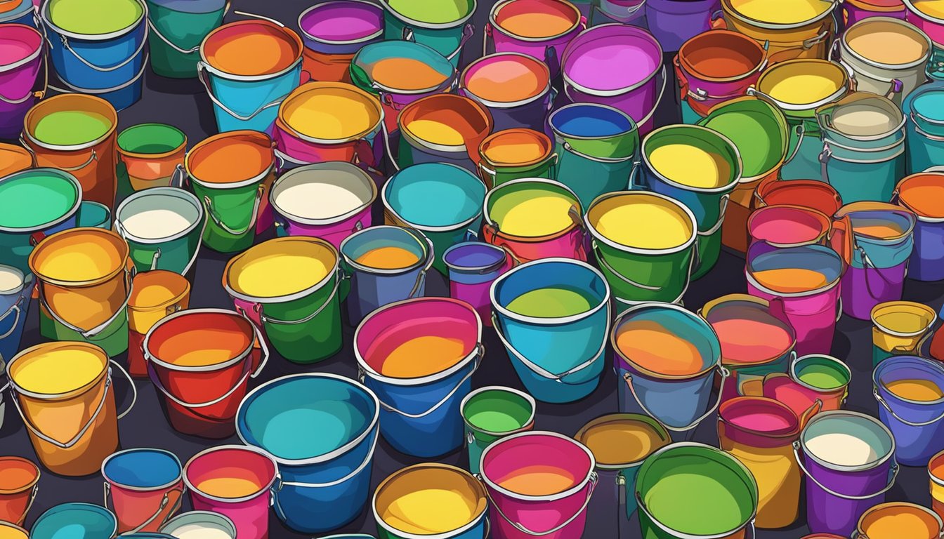 Vibrant market stalls display colorful pails in various sizes and designs. Customers browse and haggle with vendors, creating a lively and bustling atmosphere