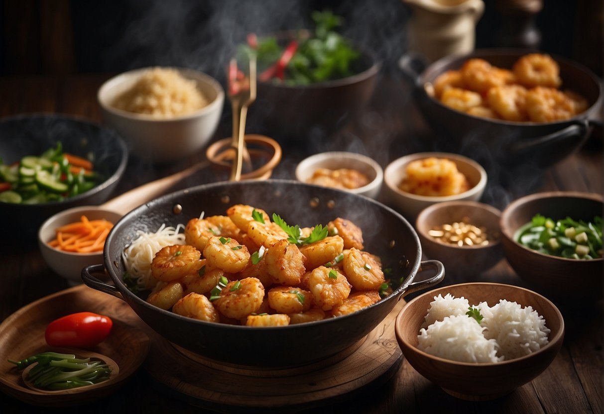 A sizzling wok fries up golden prawn fritters, surrounded by traditional Chinese cooking utensils and ingredients, evoking the rich history and cultural significance of this beloved recipe