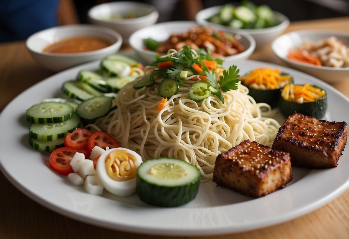 A table set with a variety of colorful and appetizing Chinese dishes, including cold sesame noodles, cucumber salad, and tofu with ginger and scallions