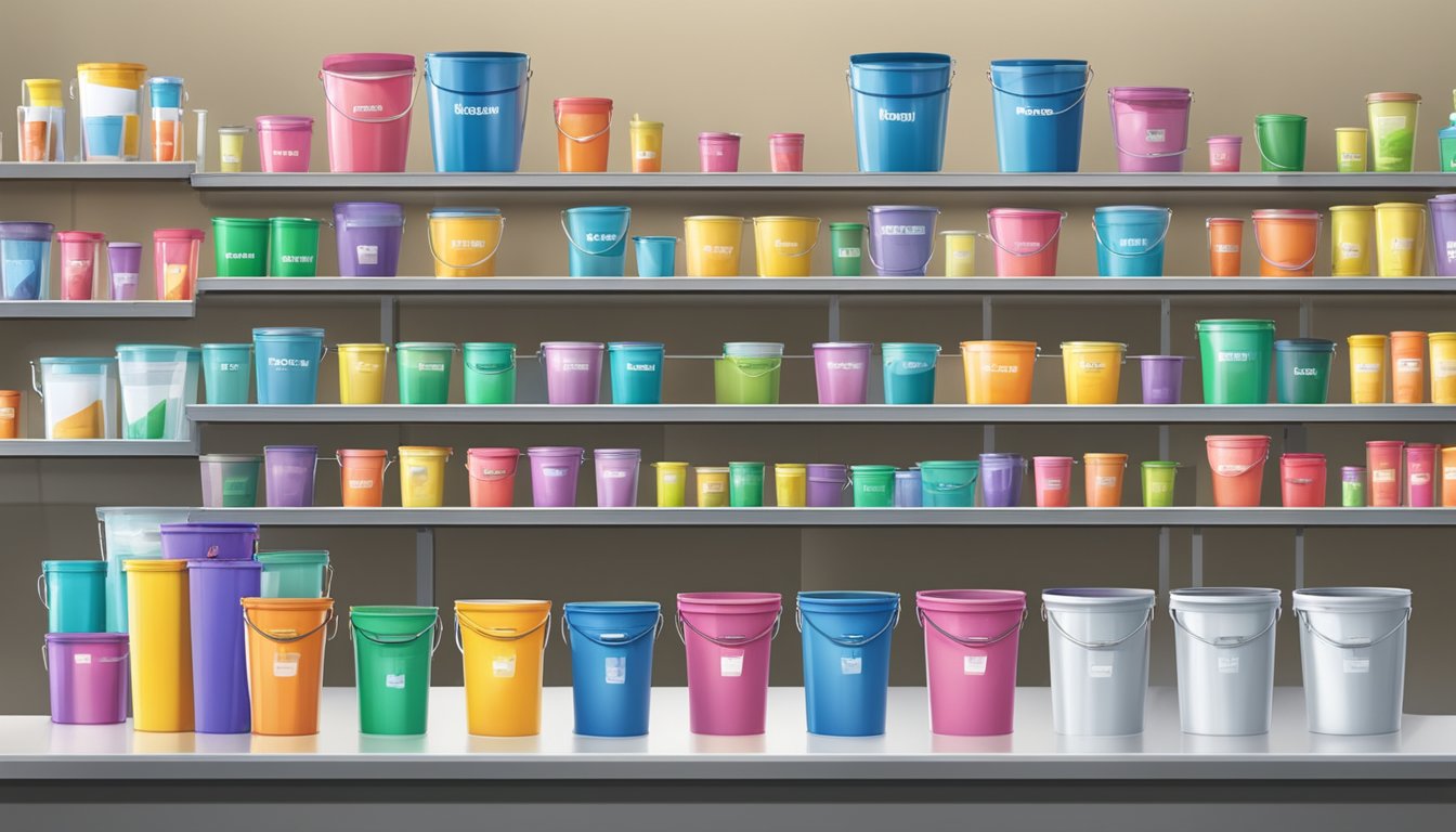 A display of various pails in different sizes and materials, with clear signage indicating their uses and prices, set against a clean and organized store backdrop