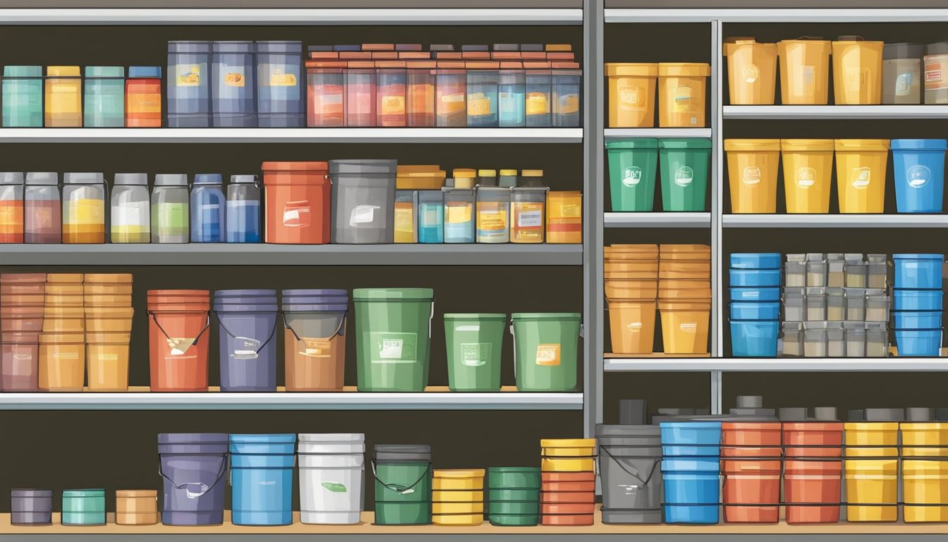 A hardware store shelf filled with various sizes and colors of pails, with a sign above reading "Frequently Asked Questions: Where to buy pails in Singapore."