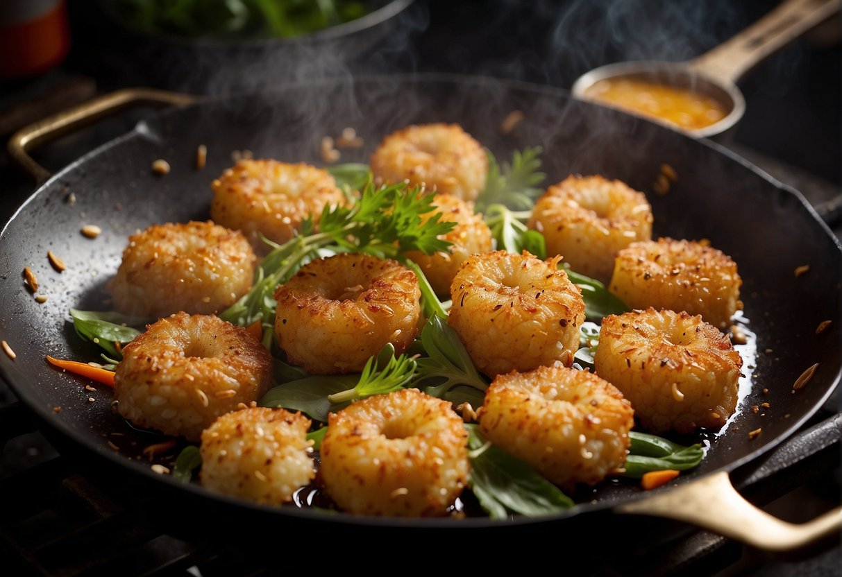 Golden prawn fritters sizzle in a wok with bubbling oil. A mix of Chinese spices and herbs surround the dish