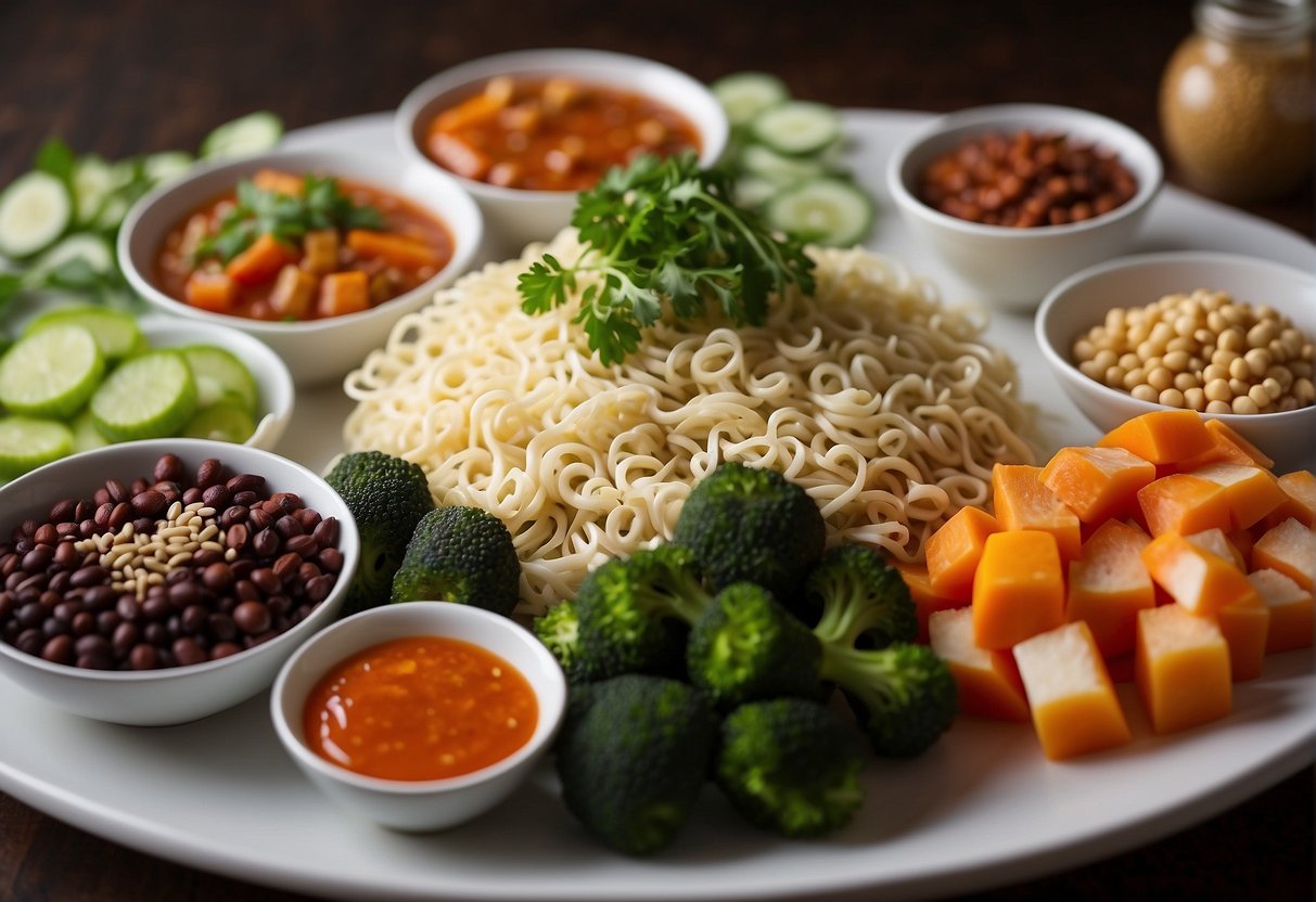 A table set with a variety of colorful and fresh ingredients such as vegetables, tofu, and noodles, along with bottles of sauces and spices