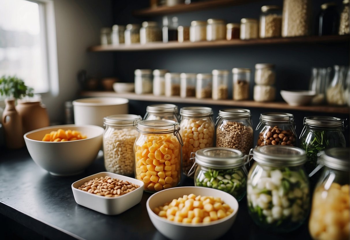 A kitchen stocked with Chinese ingredients and organized storage containers