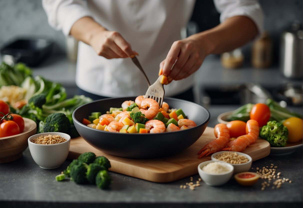 A bowl of batter being mixed with prawns and vegetables, surrounded by ingredients and utensils on a kitchen counter