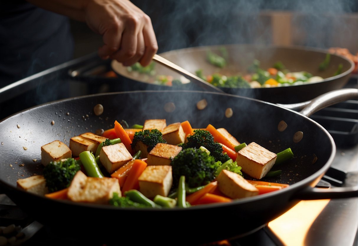 A wok sizzles over high heat, stir-frying vibrant vegetables and tofu. A chef adds a splash of soy sauce and a sprinkle of ginger, creating a flavorful, aromatic dish