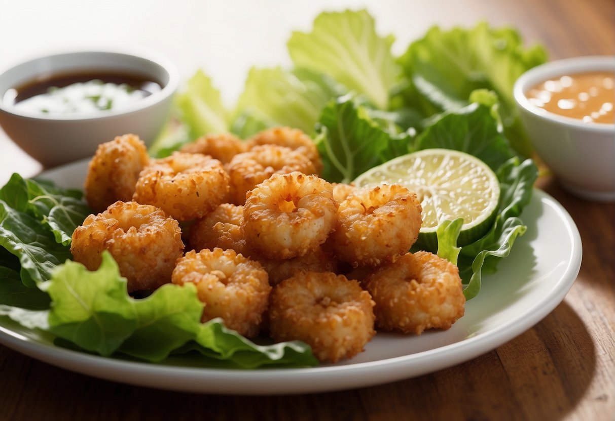 Golden fried prawn fritters surrounded by vibrant green lettuce leaves, sliced cucumbers, and a small bowl of tangy dipping sauce