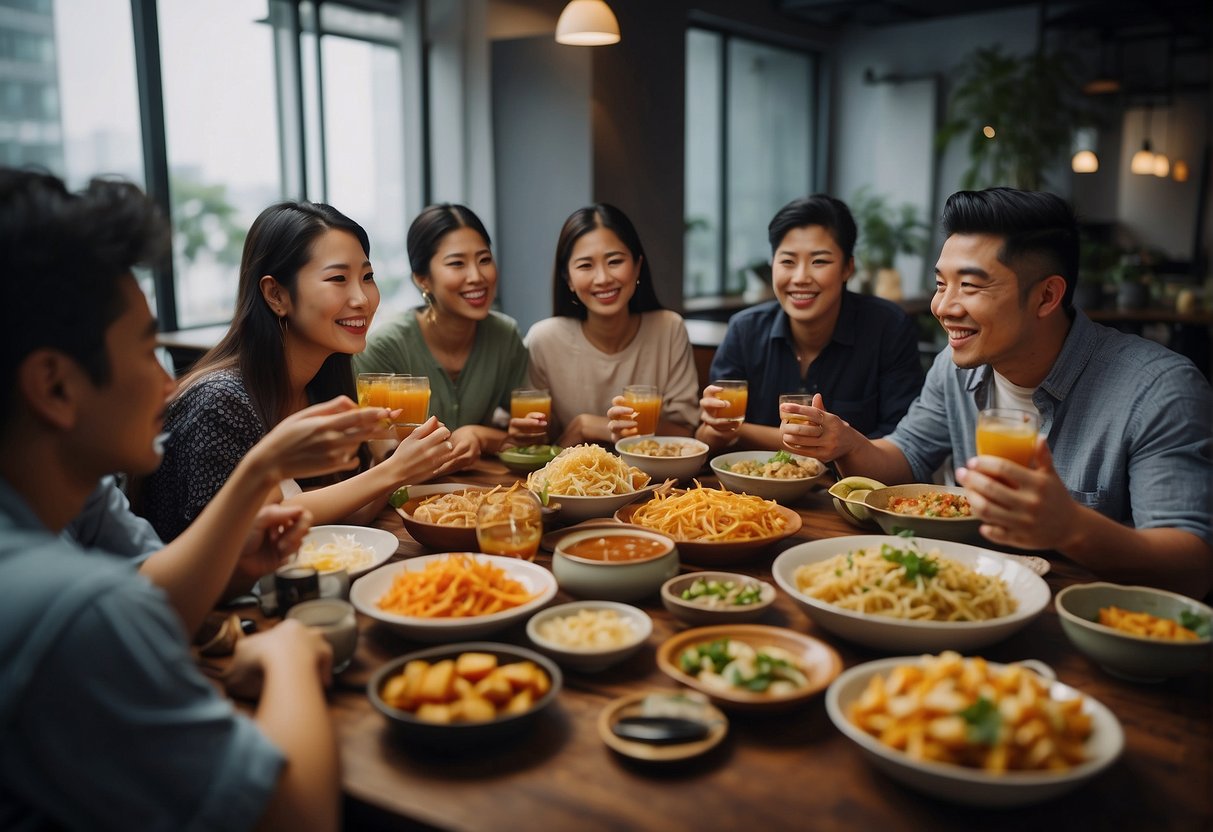 A diverse group of people sharing and liking no onion no garlic Chinese recipes on social media platforms