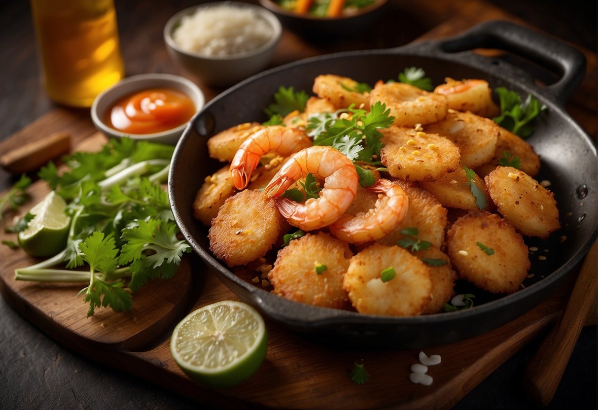 A sizzling wok fries up golden, crispy prawn fritters, surrounded by a variety of colorful ingredients and seasonings