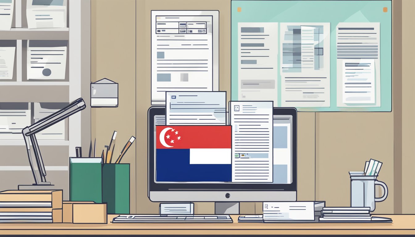 A stack of payslip paper sits on a desk, next to a computer and a printer. A Singaporean flag hangs on the wall in the background