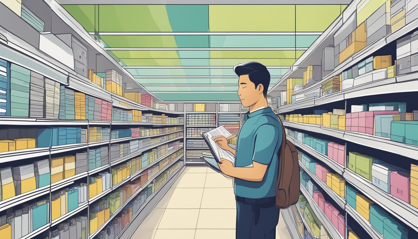 A customer browsing through aisles of office supplies, looking for payslip paper in a store in Singapore