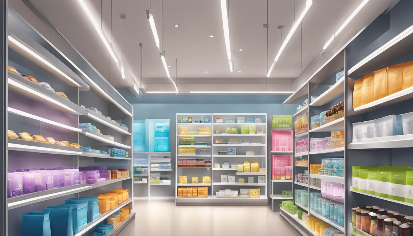 A bright, modern store in Singapore displays various Philips lighting products on sleek shelves and hanging from the ceiling