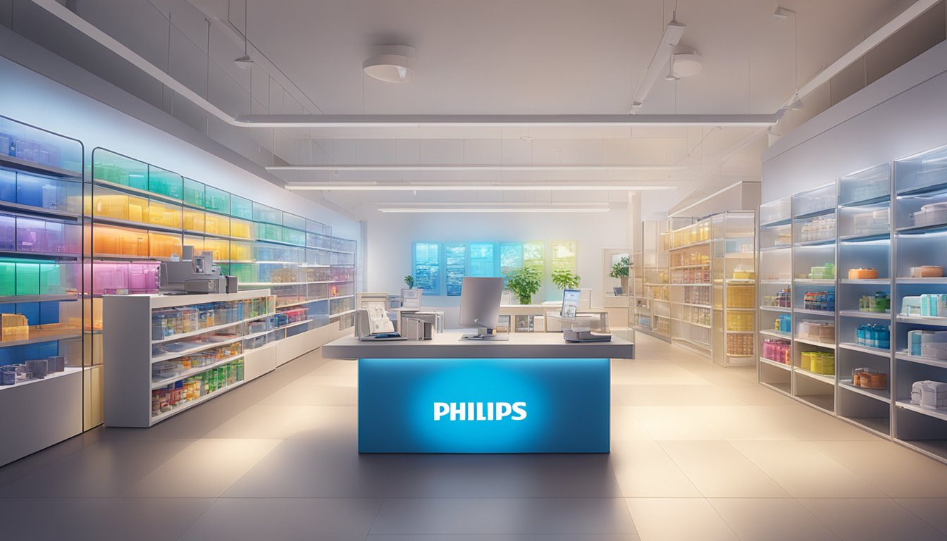 A brightly lit room with various Philips lighting products displayed and a sign that reads "Where to buy Philips lighting Singapore."