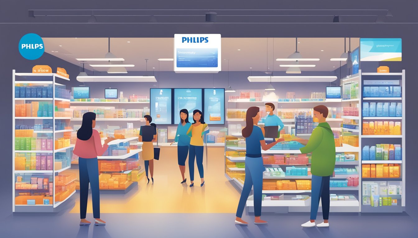 A busy store with shelves of Philips lighting products, customers browsing, and a prominent "Frequently Asked Questions" display