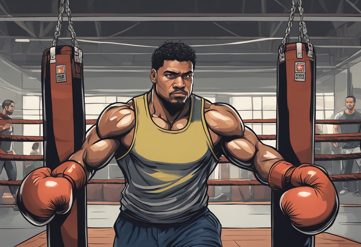 A determined figure trains in a gritty boxing gym, surrounded by heavy bags and sweat-soaked equipment. The focus and determination on their face reflects the mental fortitude required for the sweet science