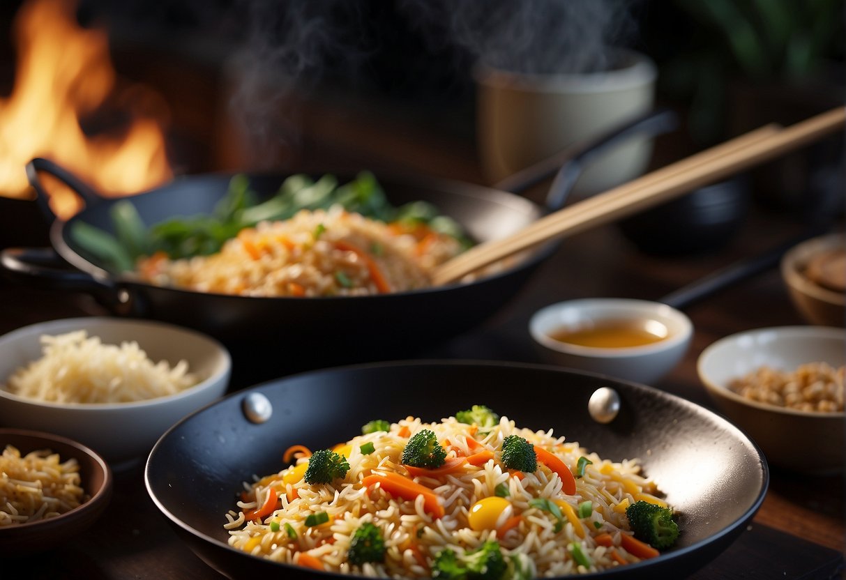 A wok sizzles as rice, vegetables, and eggs are stir-fried with soy sauce and spices, creating a fragrant and flavorful Chinese fried rice dish