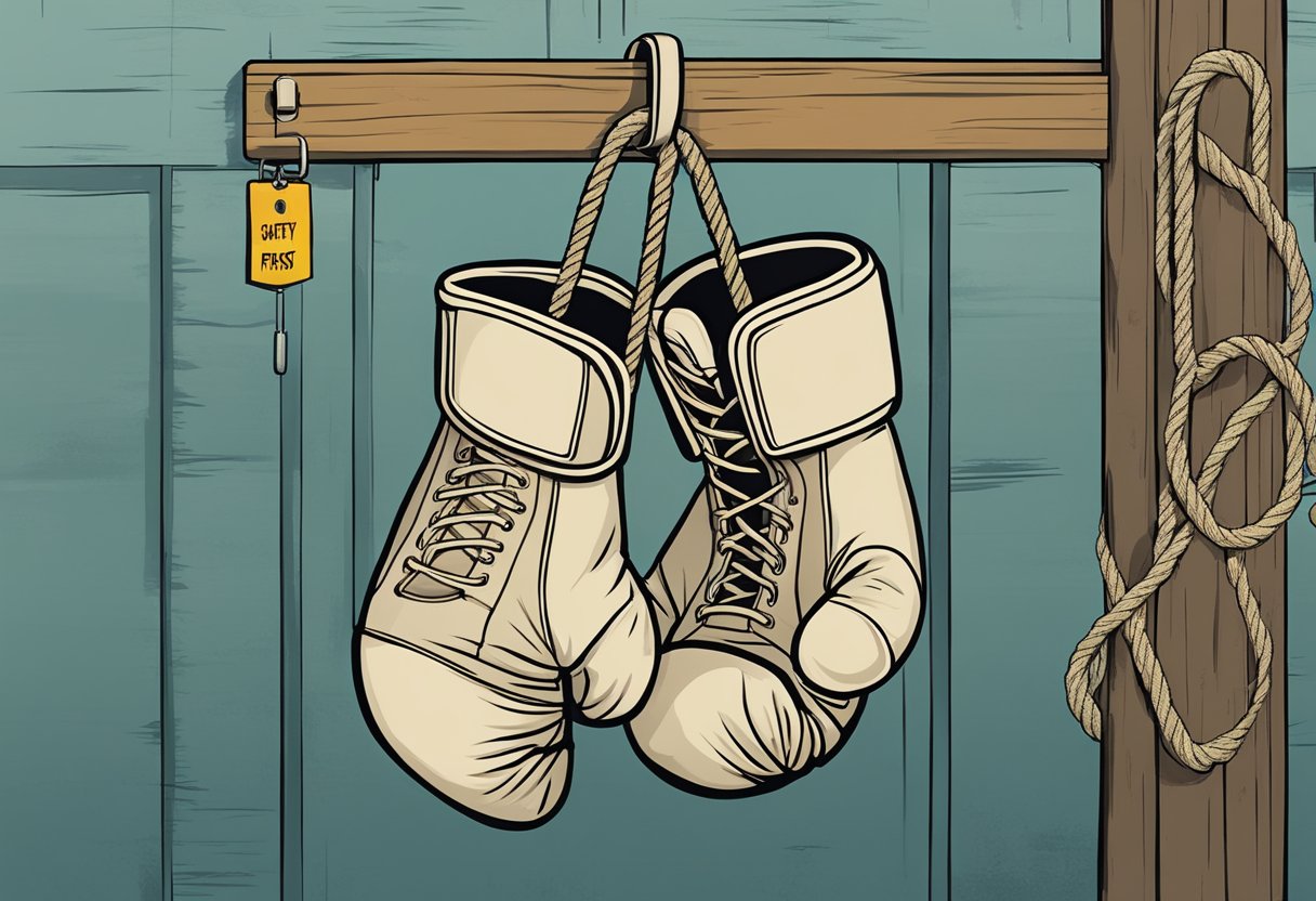 A boxing glove hangs on a hook, surrounded by a tattered ring, worn ropes, and a sign that reads "Safety First: Risks in the Ring."